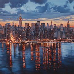 Naklejka premium Sunset over New York skyline with glowing urban reflections picture