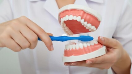 Dental hygiene demonstration with tooth model and brush education healthcare