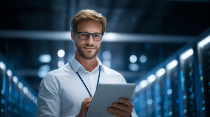 Focused data center specialist inspecting server racks and cables with tablet, professional IT infrastructure management, modern high-tech environment, network diagnostics. data ce