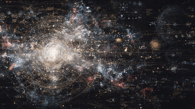 Abstract visualization of philosophical and mathematical ideas shaping AI: algorithms, formal logic systems, probability theory, game theory, and neural networks intertwined with e