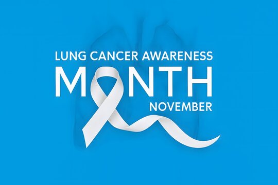 White ribbon and lung illustration with NOVEMBER text, promoting Lung Cancer Awareness Month and global support for respiratory health.