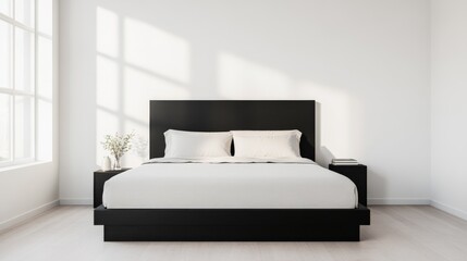 Minimalist Bedroom Interior with Black Bed Frame and White Bedding, sunlight , bedroom decor