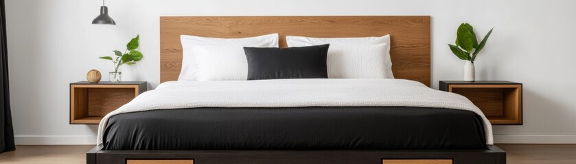 Minimalist Bedroom Interior with Wood Headboard, Nightstands and Plants, home decor, modern design