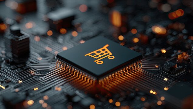 Circuit board with shopping cart icon