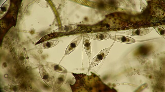 Microscopic View of Euglena Viridis Organisms in Light Brown Organic Debris Clear Background Detailed Cellular Structures Observing Protozoa Single Celled Algae Through a Microscope