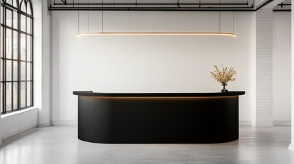 Minimalist Black Reception Desk with Linear Light Fixture and Large Window, Interior, Modern