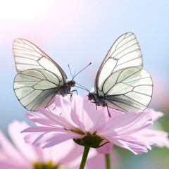 Two pale white butterflies on a pink flower