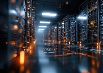 Dark server room with glowing technology