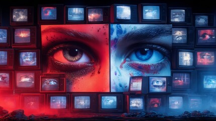 Wall of television screens with two eyes on it. The eyes are red and blue