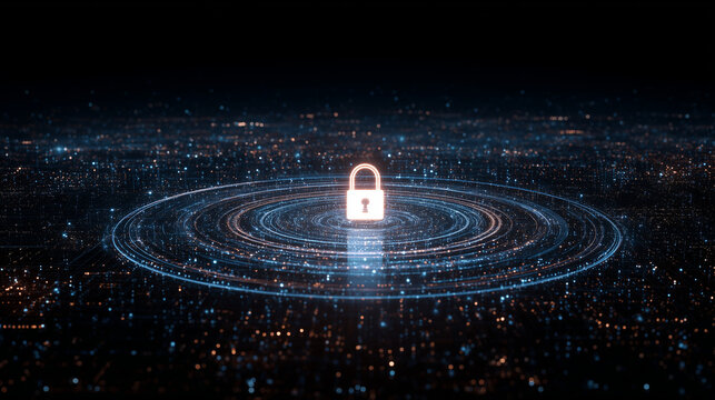 Futuristic visualization of network security with glowing encryption lines, secure communication channels, and cybersecurity framework representing modern protection methods and re