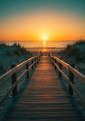 Obraz premium Wooden walkway leading to a serene beach at sunset