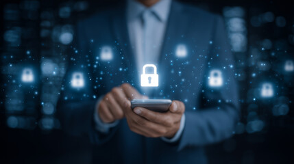 Businessman interacting with synchronized devices, authenticating login via smartphone and desktop, showcasing secure communication, digital transformation, and smart access in con