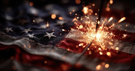Sparkling firework against an American flag