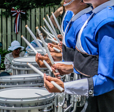 drummers in marching band on a parade