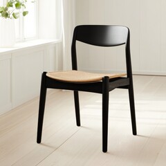 Minimalist Black Wood Chair with Woven Seat in Bright Room, furniture, interior design
