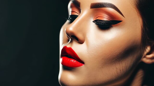 Sensual Red Lips and Smoky Eyes: A close-up captures the elegance of a woman's face, adorned with striking red lipstick and flawlessly executed smoky eye makeup against a dark background. 