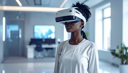 Innovative Black businesswoman wearing a virtual reality headset, exploring an immersive digital world in a modern office