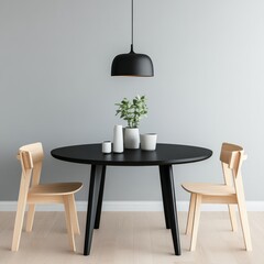 Minimalist Dining Room Black Round Table, Wood Chairs, Interior Decor, home decor , design