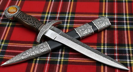 Scottish Dirk on Tartan Fabric - Traditional Highland Dagger.