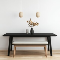 Minimalist Dining Room With Black Table, Bench and Vase Decor, Home Decor, Interior Design