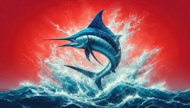 Vibrant Atlantic blue marlin jumps from waves on red sunset backdrop with splashes. Perfect for sport fishing tees, souvenirs, highlighting marine sport and hobby