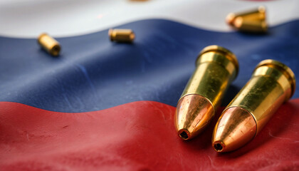 Two large bullets and scattered shell casings rest on a wrinkled Russian flag. The scene symbolizes armed conflict, geopolitical tension, and military crisis.