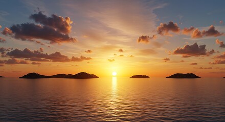 Golden Sunset Over Ocean with Distant Islands Landscape