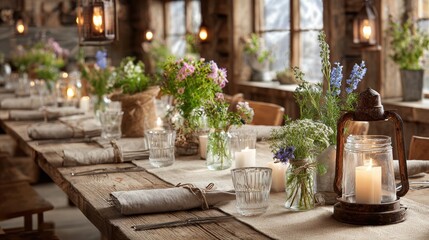 Rustic Table Setting, Flowers, Farmhouse Decor, Elegant Dinner