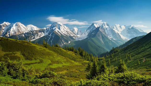 stylized mountain range with snow caps and greenery - Powered by Adobe