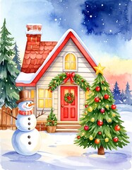 Watercolor winter scene of a cozy house, snowman, and Christmas tree