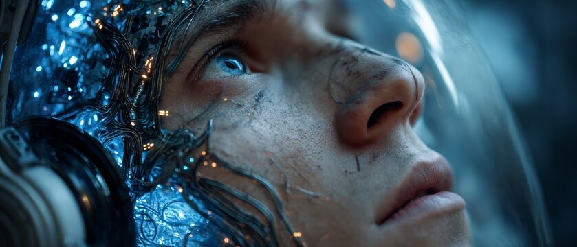 The serene visionary of the digital cosmos. Bright colors. Cyborg space priest with integrated circuitry and digital brain interface. Print ready. Strong contrast.