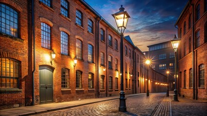 Fototapeta premium Old red brick factory buildings illuminated at night by soft warm streetlights