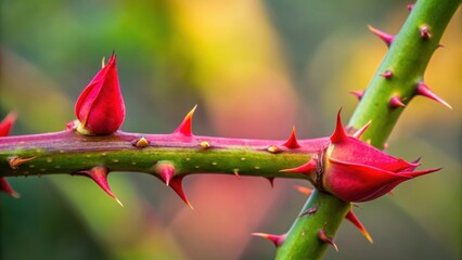 Close-up of two red thorns on a stem of rose plant Part of the stem roses with thorns