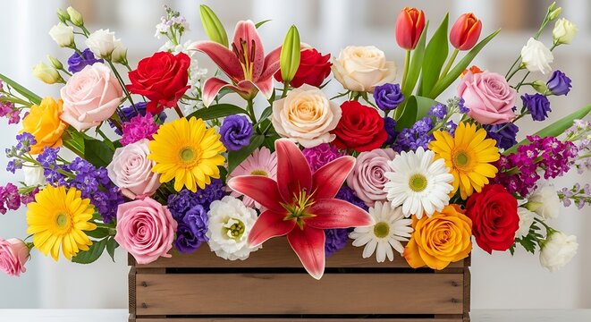 Vibrant Mixed Flower Arrangement in Wooden Crate.