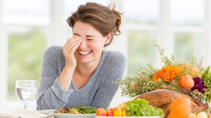 Thanksgiving Joy: Happy Woman, Turkey Dinner, Holiday Feast