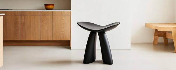 Minimalist Interior Black Wooden Stool with Three Legs, Modern Kitchen backdrop, Furniture, Design