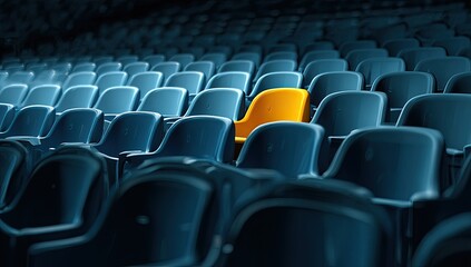 A single, bright yellow chair in a sea of dark blue seats