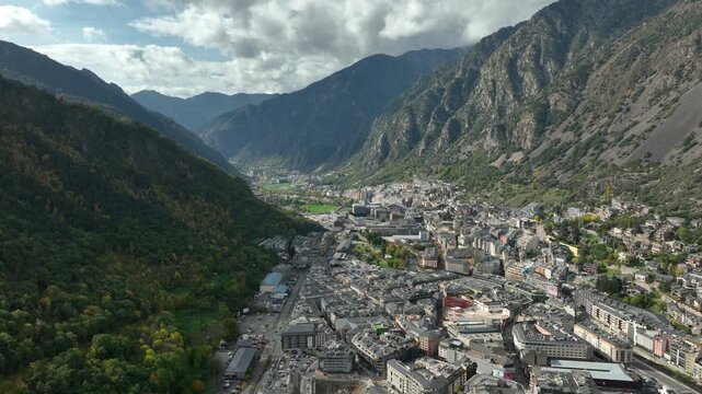 sunny day andorra la vella cityscape mountain gorge aerial panorama 4k andorra