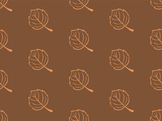 Fall season seamless line art pattern with birch leaves on brown background. Thin line art vector autumn print. 