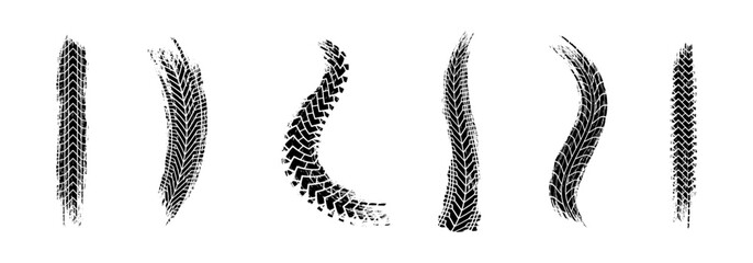 Tire protector prints. Set of black tire tread print with grunge effect. Car wheels texture. Rubber protector marks © 11ua