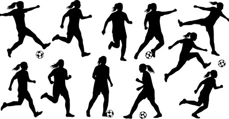 set of Football, female soccer player, sports avatar Vector silhouette on white background.
