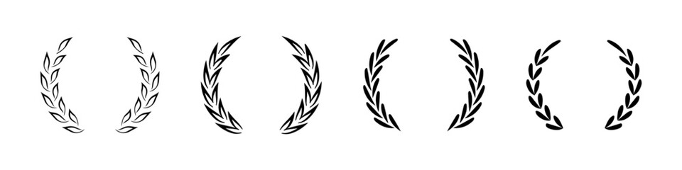 Laurel wreath icons. Set black silhouette circular laurel foliate, wheat and oak wreaths. Laurel wreath emblems. Floral branch flat style
