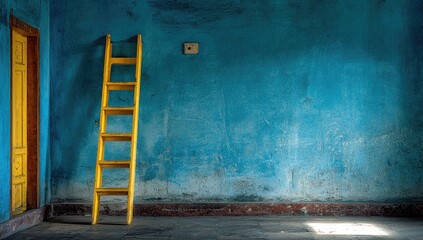Interior shot of a room with a vivid blue wall and a yellow ladder