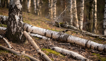 Fallen Birch Branches Resting On The Forest Floor In Early Springtime