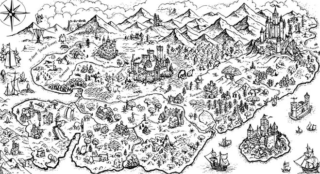 Fantasy map elements illustration, drawing, engraving, ink, line art, vector
