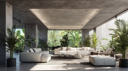 Modern Concrete Living Room With Sunlight and Plants