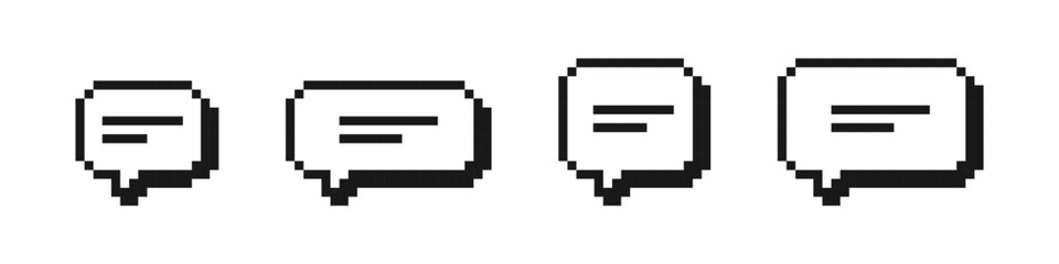 Pixelated speech bubbles. Different shapes of speech bubbles icons. Speech bubbles icons in pixel art style