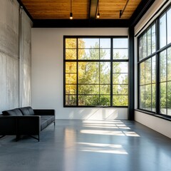 Fototapeta premium Minimalist Loft Black Sofa, Large Windows with Autumn View, loft , interior design