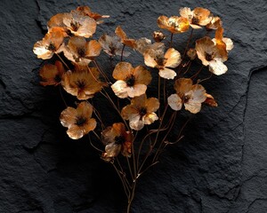 Heart Shaped Gold Flowers Arrangement On Dark Background
