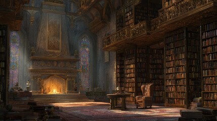 Grand Golden Library With Sparkling Fireplace
